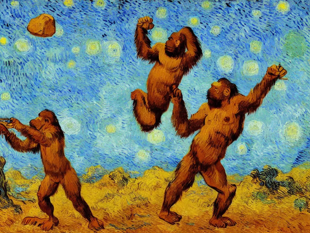 Prompt: bright beautiful oil painting of a primitive ape throwing a rock in kalahari desert, light scatter, van gogh