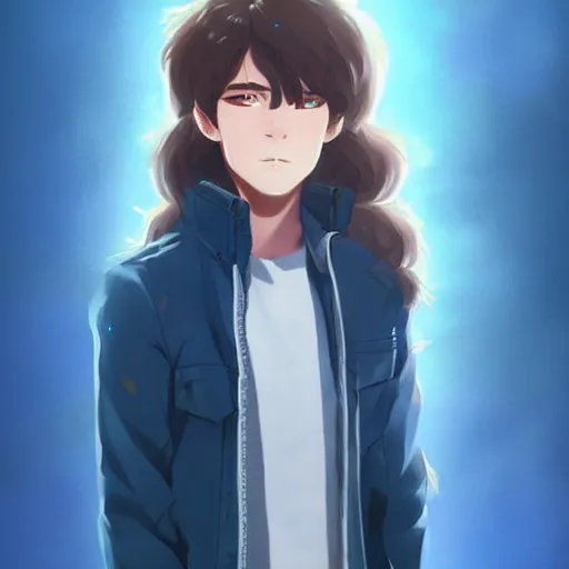 Anime boy character with black long fluffy wavy hair, wearing a blue hoodie  and glasses
