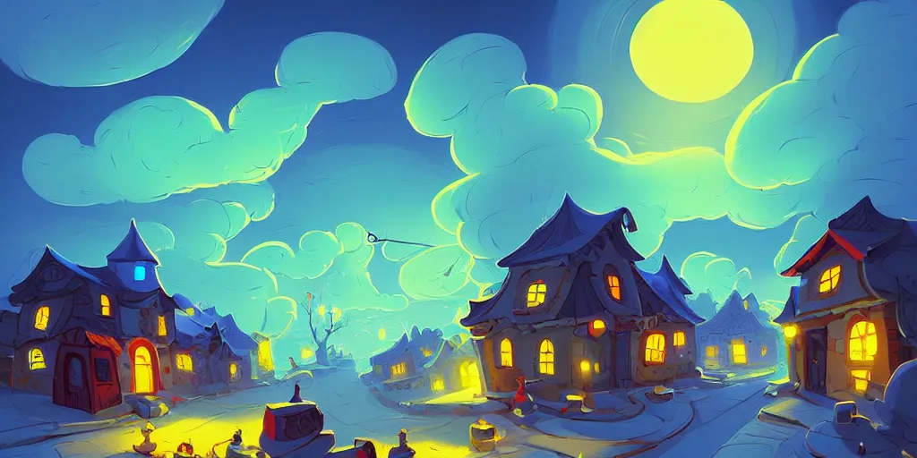 Image similar to curled perspective digital art of curvy clouds in a small village with a cobblestone street by anton fadeev from nightmare before christmas