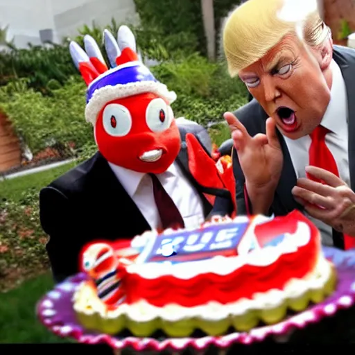 Prompt: Donald trump dressed as bugs bunny spying on children at a birthday party