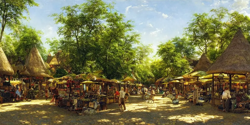 Image similar to a cozy fantasy city in a shaded forest, marketplace, thatched houses, yellow and greens, sun rays, peaceful james gurney