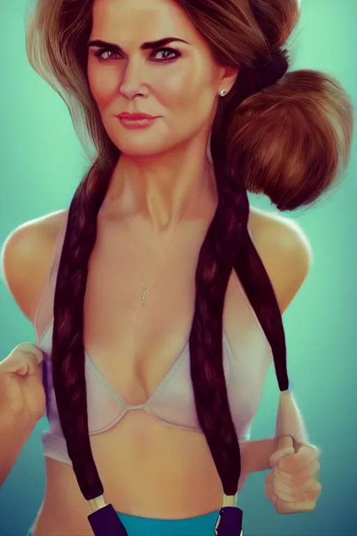 Image similar to portrait of a mix of beautiful young maria shriver, mariel hemmingway, brooke shields, nicole kidman and elle macpherson as an exercise gym girl, thin lips, hair tied up in a pony tail, colorful artstation, cgsociety