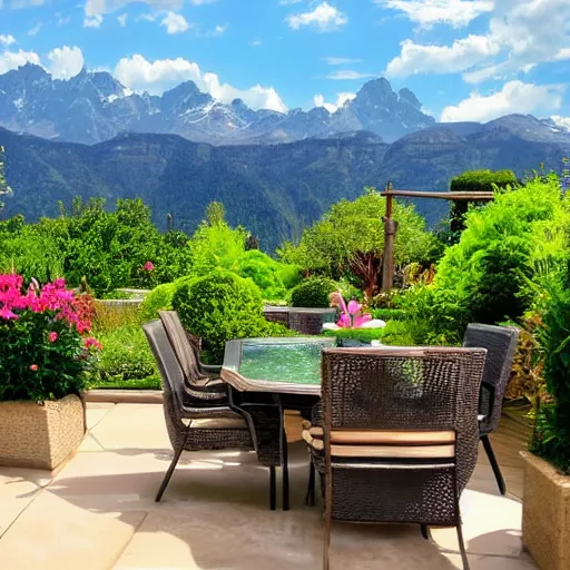 Prompt: Sky patio with luscious fantasy garden, mountains in teh distance, hidden grove, hd, detailed