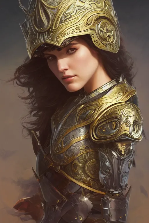 Image similar to attractive young female, ornate metallic helmet, battle armor, olive skin, long dark hair, beautiful bone structure, intricate, elegant, highly detailed, digital painting, artstation, concept art, smooth, sharp focus, illustration, art by artgerm and greg rutkowski and alphonse mucha