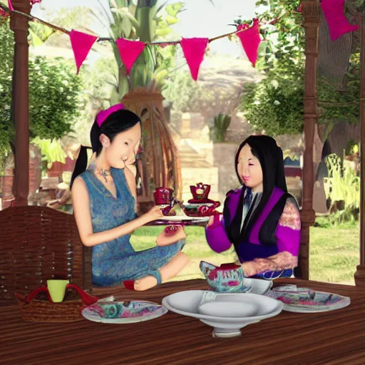 Image similar to Meilin Lee from Turning Red and Mirabel Madrigal from Encanto having a tea party, 8k, ultra realistic, highly detailed