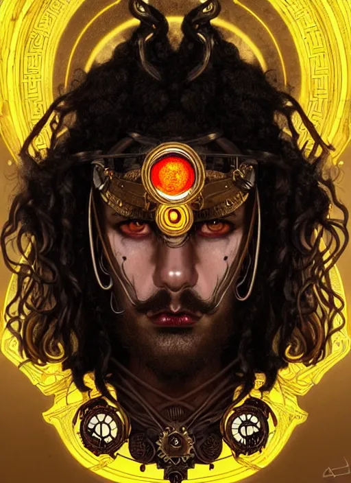 Prompt: portrait of greek god ares, black curly hair, glowing eyes, volumetric lights, face tattoo, yellow red scheme, art nouveau botanicals, gothic, intricate, highly detailed, digital painting, artstation, concept art, smooth, sharp focus, symmetric face, illustration, steampunk, art by artgerm and greg rutkowski and alphonse mucha