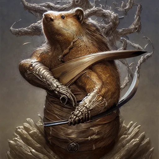 Image similar to a beautiful detailed 3d matte portrait of a ninja beaver, by ellen jewett, by tomasz alen kopera, by Justin Gerard, ninja outfit, visible beaver tail, shiny katana sword, dollar bills, ominous, magical realism, texture, intricate, skeleton, whirling smoke, radiant colors, fantasy, volumetric lighting, high details