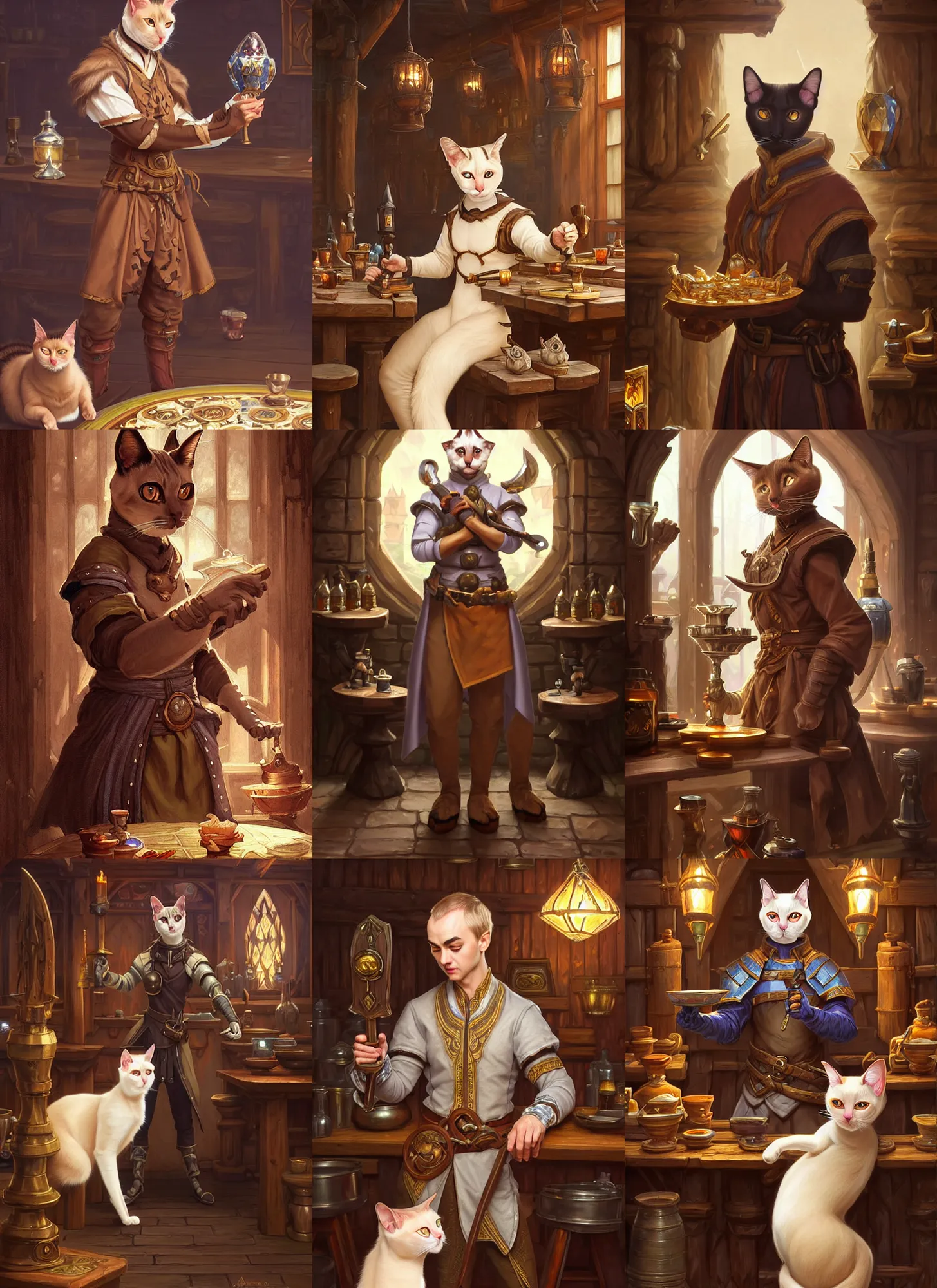 Prompt: full body photograph of a male anthropomorphic siamese cat fursona cleric in a tavern, deep focus, intricate, elegant, highly detailed, digital painting, artstation, concept art, matte, sharp focus, illustration, d & d, fantasy, hearthstone, art by artgerm and greg rutkowski and alphonse mucha