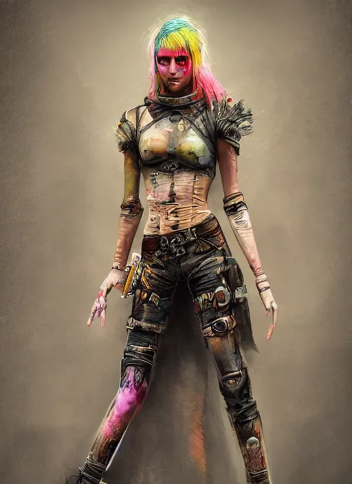Image similar to full body concept art illustration pastel painting of a female mad max in full intricate colorful clothing, beautiful face, ultra detailed, octane render, 4K, dystopian, micro details