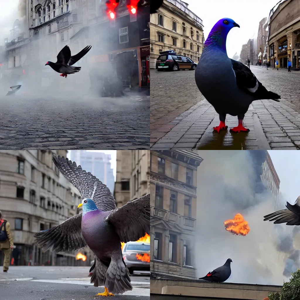 Prompt: A giant pigeon roaming around the city centre, there's panic in the streets, everything is on fire