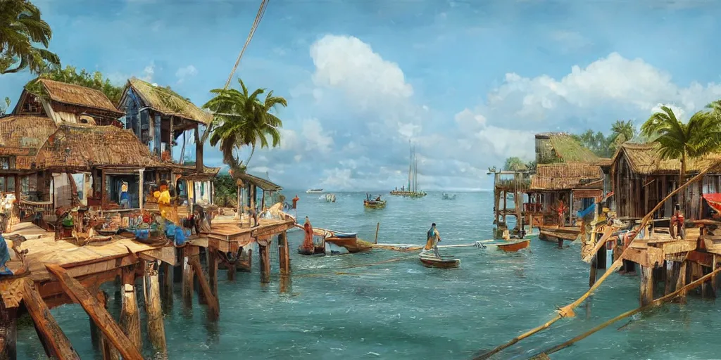 Image similar to a little fisher village in cuba, wood pier and houses, nets and boats, house made with boat parts, scenic view, bright day, hyper realistic, matte painting by marc simonetti and rhads and donato giancola, trending on artstation