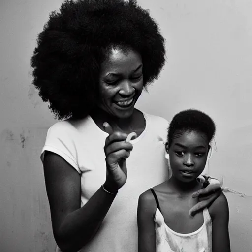 Image similar to afro woman brushing her daughter's hair, retro room, 8 0 s, nostalgic, disposable film