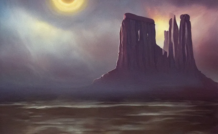 Image similar to hyperrealist painting of an giant cube from independence day ( 1 9 9 6 ) in a flooded monument valley stonehenge. 1 9 7 0 s science fiction, moody, misty, depth perception, 4 k, artstation, in the style of studio ghibli