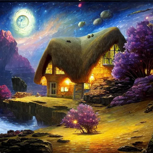 Image similar to cottage in the stars, cliffs of galaxies cryengine render by android jones, james christensen, rob gonsalves, leonid afremov and tim white