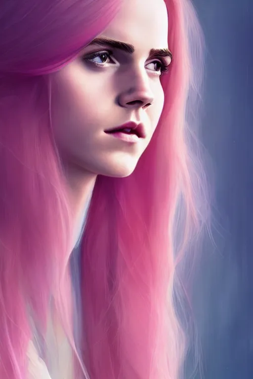 Prompt: Portrait of a beautiful pale skin Nordic female Emma Watson with long pink hair, elegant, photorealistic, highly detailed, artstation, smooth, sharp focus, gold ornaments, neon lighting, sci-fi, art by Klimt.