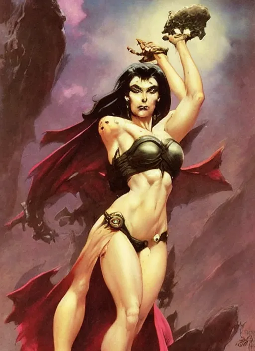 Prompt: ample female necromancer sorceress, strong line, deep color, beautiful! coherent! by frank frazetta, by brom, low angle
