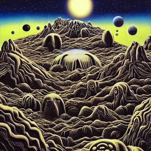 Image similar to alien planet landscape with bizarre buildings and Lifeforms. Jeffrey Smith, Stanley Donwood