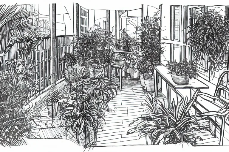 Image similar to a wide drawing of a balcony with plants, drawn in one line, back and white, solid background