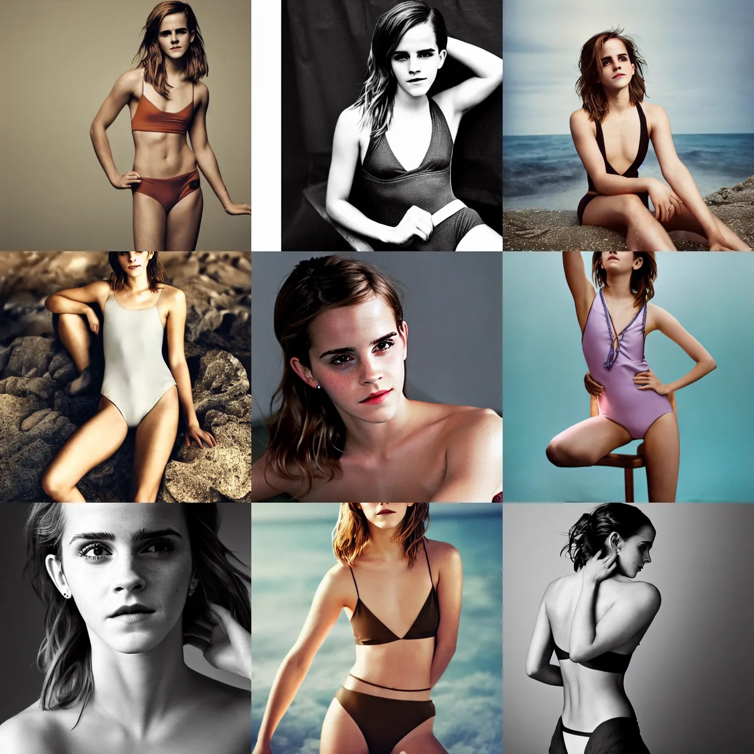 Prompt: Photo of Emma Watson in swimsuit, soft studio lighting, photo taken by Anne Liebovitz for Abercrombie and Fitch, award-winning photograph, 24mm f/1.4