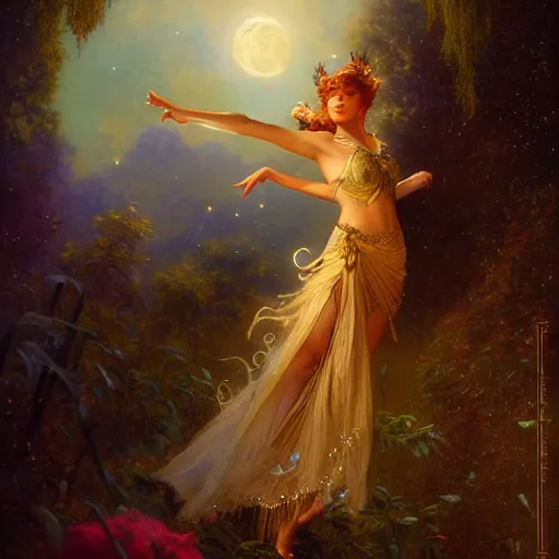 Image similar to attractive fairy queen fly high in the night, fantasy, full moon in background. hyper detailed painting by gaston bussiere, craig mullins, j. c. leyendecker, mid shot, 8 k, cryengone, cinematic lighting, beautiful,