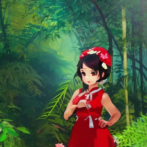 Prompt: a ilya kuvshinov of reimu in the jungle wearing bonnet