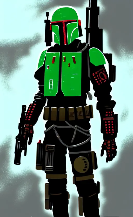 Image similar to cyberpunk mercenary inspired by boba fett in a scenic scifi environment