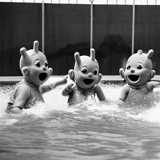 Prompt: a photo of 5 teletubbies playing water polo