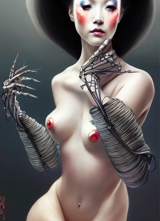 Image similar to organic seductive Geisha cyborg, pearlescent skin, diffuse lighting, fantasy, intricate, elegant, highly detailed, lifelike, photorealistic, digital painting, artstation, illustration, concept art, smooth, sharp focus, art by John Collier and Albert Aublet and Leonardo da vinci and Krenz Cushart and Artem Demura and Alphonse Mucha
