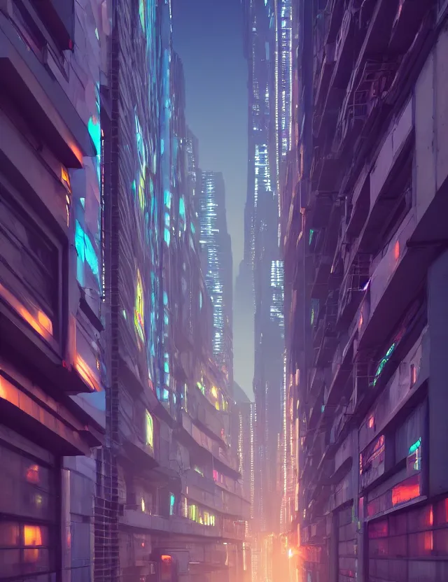Prompt: a long narrow alleyway between futuristic buildings leading into the horizon, neon billboards, at night, by joseph ducreux, artstation, volumetric lighting, perfect, high detail