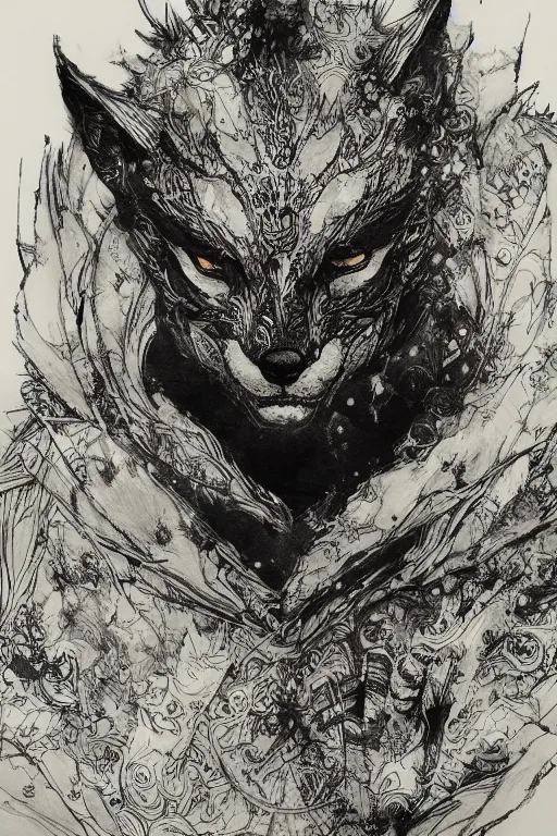 Image similar to portrait of a man in kitsune demon fox mask and black suit, pen and ink, intricate line drawings, by craig mullins, ruan jia, kentaro miura, greg rutkowski