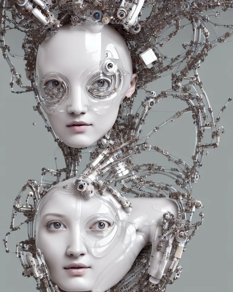 Image similar to beautiful cybernetic baroque robot, beautiful baroque porcelain face + body is clear plastic, inside organic robotic tubes and parts, symmetric, front facing, wearing translucent baroque rain - jacket + symmetrical composition + intricate details, hyperrealism, wet, reflections + by alfonse mucha and moebius, no blur dof bokeh