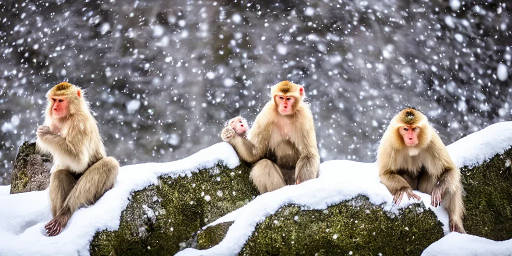 Prompt: nature photography of the snowy mountain in Jigokudani Yaen Koen with snowflakes in the air, there are snow monkeys relaxing in the hot springs and grooming each other, the snow monkeys are caring, family, intelligent, smart, inquisitive, adorable, attentive and handsome, the image emotes feelings of serene calm energy, award winning 4K HDR photography