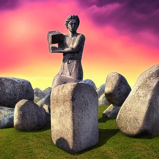 Image similar to a giant stone statue of the greek letter lambda, epic sunset skies in the background, highly detailed digital art