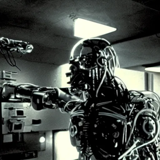 Image similar to movie still of a cool cyborg, cinematic composition, cinematic light, by george romero