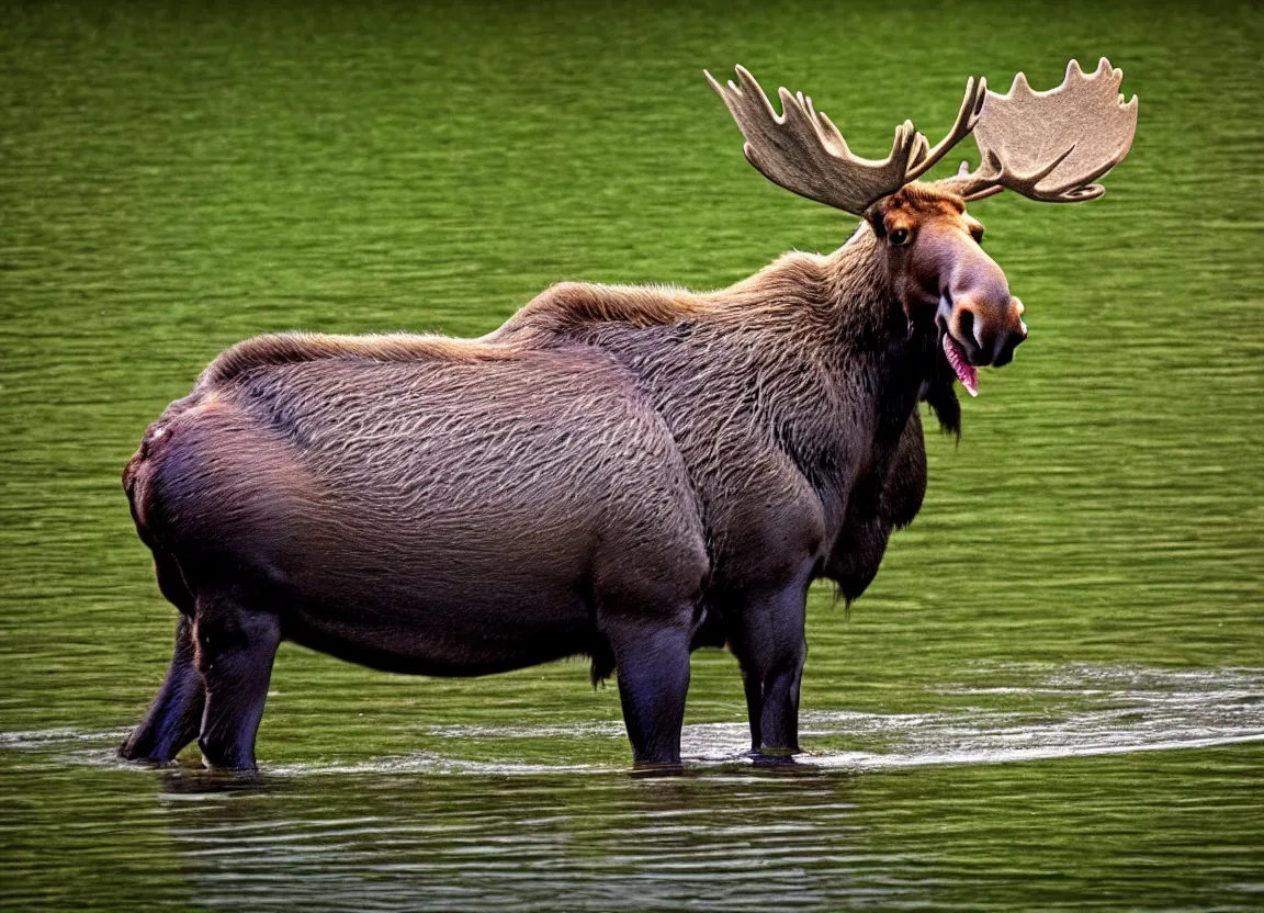 Prompt: moose beaver hybrid, drinking at a lake, photorealistic, photography, nature, forest, wildlife