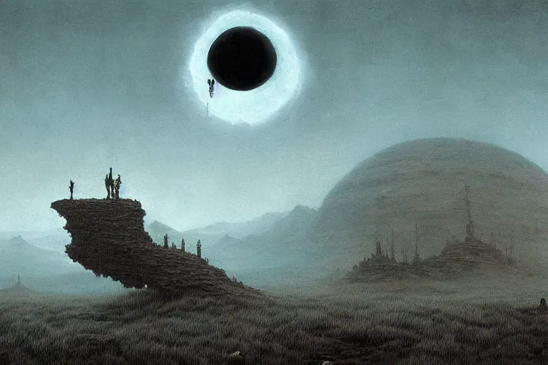 Image similar to a surreal and awe - inspiring science fiction landscape, skull moon in the sky looks like a skull, intricate, elegant, highly detailed matte painting by beksinski and simon stalenhag