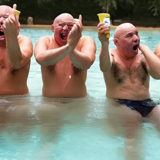 Image similar to A group of old bald men screaming with noodles on their head while wearing swimming trunks