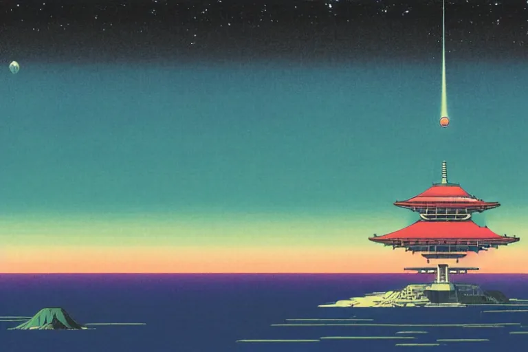 Image similar to an unknown spaceship which travels through the night sky, photoillustration ink drawing acrylic art digital illustration oil on canvas photorealistic polished sci - fi ukiyo - e david rios ferreira filmic stock photo landscape polished photorealistic, by kawase hasui, moebius and edward hopper, vivid bright light, colorful flat surreal design, hd, 4 k, artstation