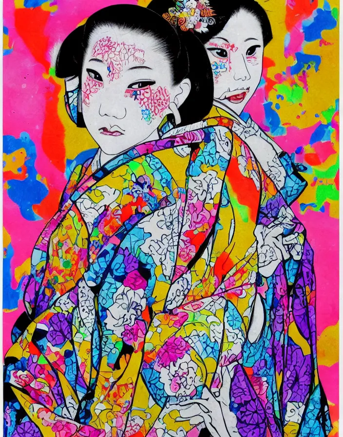 Image similar to ink on paper, a portrait of a geisha wearing a colorful kimono with graffiti tags in front of a tokyo subway, by goyo hashiguchi!!, colorful, xray melting colors!!