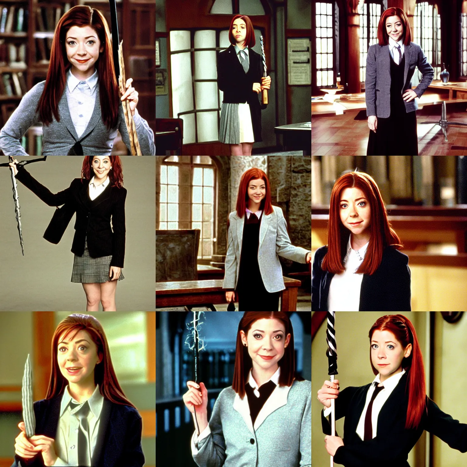 Prompt: Alyson Hannigan/Willow Rosenberg in a Hogwarts classroom, wearing a black blazer, white skirt and tie, and grey skirt, holding the elder wand, tv still from 'Buffy the Vampire Slayer' (1999)