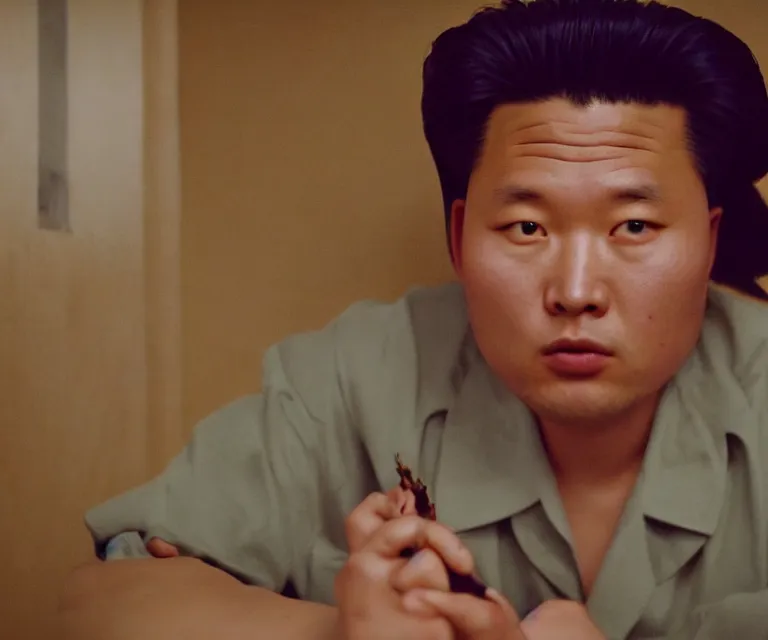 Image similar to hyperralism pineapple express movie still photography of detailed north korean kim chen with detailed face smoking weed in basement bedroom photography by araki nobuyoshi