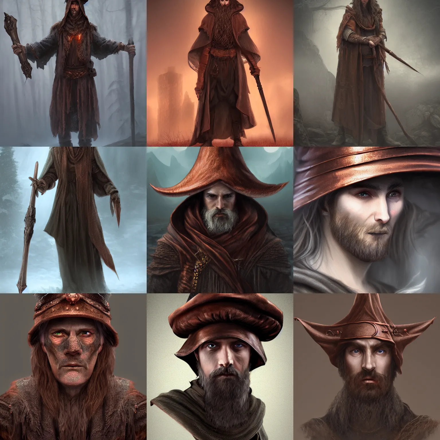 Prompt: higly detailed full eyes covered body character art of a high fantasy wizard by a pointy mage hat, full body, highly detailed, photo realistic, dark fantasy atmosphere, foggy, copper, 8K, matte-painting