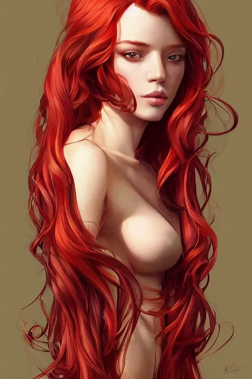 Image similar to a gorgeous female with long red hair in the style of stefan kostic, realistic, full body, sharp focus, 8 k high definition, insanely detailed, intricate, elegant, art by stanley lau and artgerm