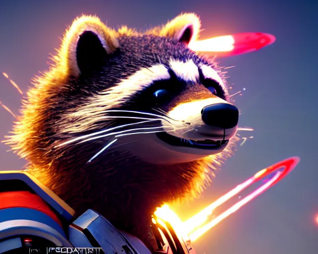 Prompt: closeup portrait, furry rocket the raccoon piloting a space ship from guardians of the galaxy, wearing mass effect armor, holding a rocket launcher, soft volumetric lighting, cinematic, confident action pose, octane, 8 k, photorealism!!