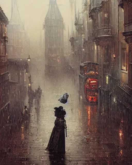 Prompt: a highly detailed epic cinematic concept art CG render digital painting artwork: Victorian London, raining. By Greg Rutkowski, in the style of Francis Bacon and Syd Mead and Norman Rockwell and Beksinski, open ceiling, highly detailed, painted by Francis Bacon and Edward Hopper, painted by James Gilleard, surrealism, airbrush, Ilya Kuvshinov, WLOP, Stanley Artgerm, very coherent, triadic color scheme, art by Takato Yamamoto and James Jean