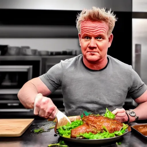 Image similar to hyper real Gordon Ramsey cooking a unicorn in kitchen 4k