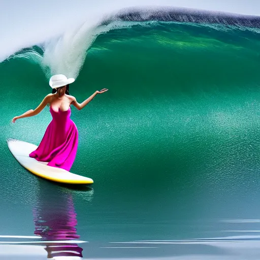 Prompt: award wining photo of a woman dressed in cocktail dress, hat, and heels on a surfboard riding a wave, very detailed, accurate face, 4 k, dramatic pose