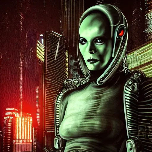 Prompt: focused portrait painting of a punk rock alien wearing a futuristic space suit, cyberpunk city in background, mood lighting, in the style of HRGiger, 8K