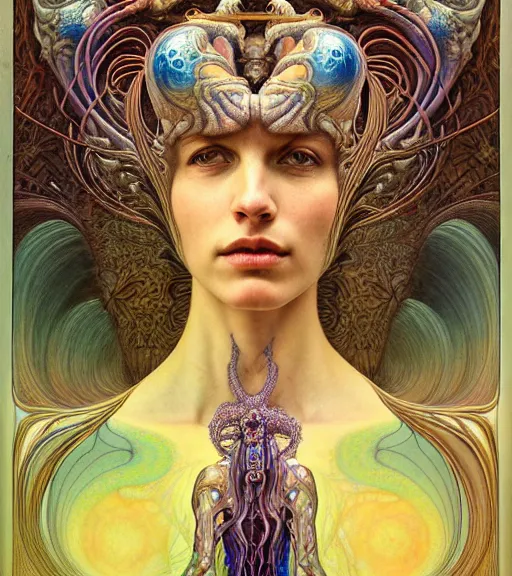 Prompt: detailed realistic beautiful young fully clothed groovypunk queen of andromeda galaxy. art nouveau, symbolist, visionary, baroque, giant fractal details. horizontal symmetry by zdzisław beksinski, iris van herpen, raymond swanland and alphonse mucha. highly detailed, hyper - real, beautiful