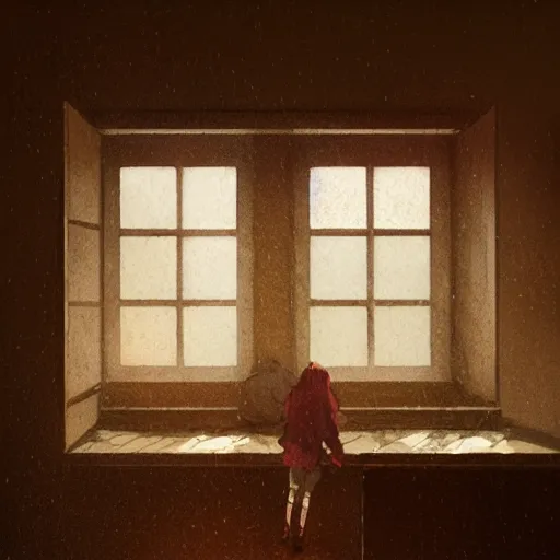 Image similar to A day inside when it is rainy, rainy window, warm colors, sepia, by Greg Rutkowski and studio ghibli